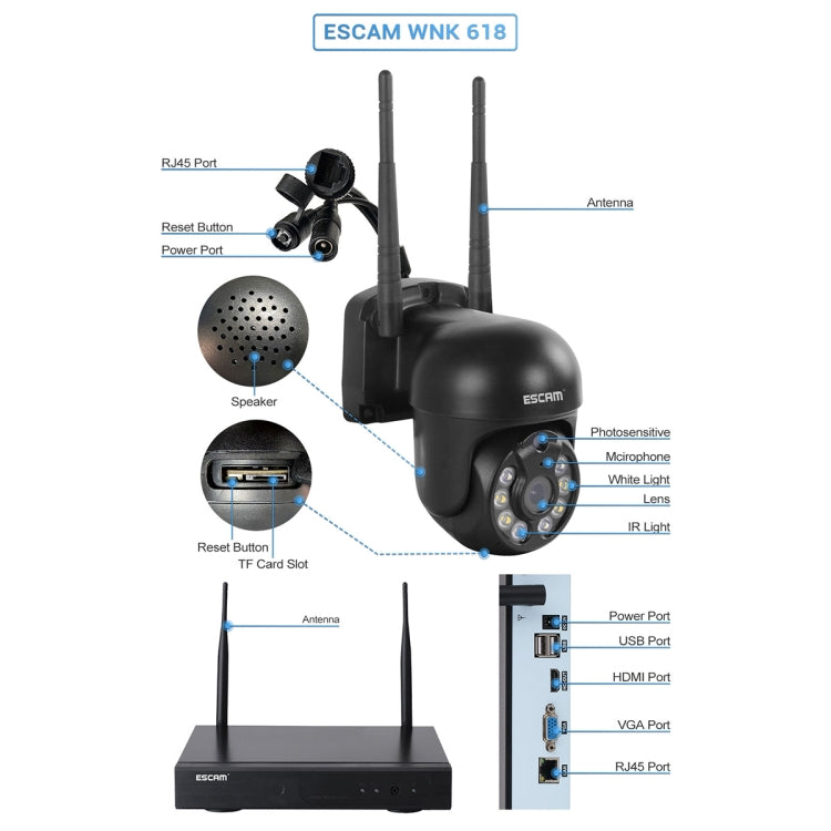 ESCAM WNK618 3.0 Million Pixels 8-channel Wireless Dome Camera HD NVR Security System, Support Motion Detection & Two-way Audio & Full-color Night Vision & TF Card, EU Plug, WNK618 ESCAM WNK618 3.0 Million Pixels 8-channel Wireless Dome Camera HD NVR Security System, Support Motion Detection & Two-way Audio & Full-color Night Vision & TF Card, EU Plug, WNK618
